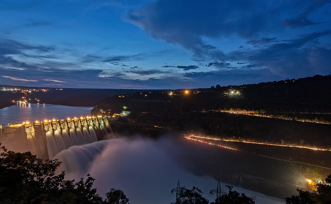 Majestic Srisailam Dam crest gates and reservoir on the Krishna River